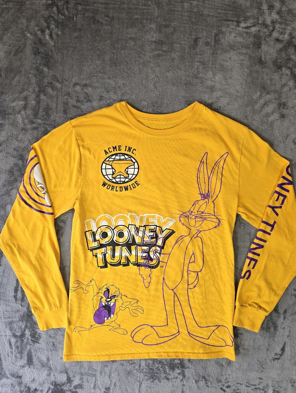 Looney Tunes Acme AOP Long Sleeve T Shirt Size Small Yellow